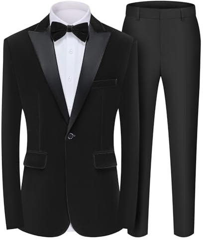 MAGE MALE Men's 2 Piece Velvet Suit Peak Lapel One Button Slim Fit Tuxedo Blazer Party Dinner Jacket & Pants