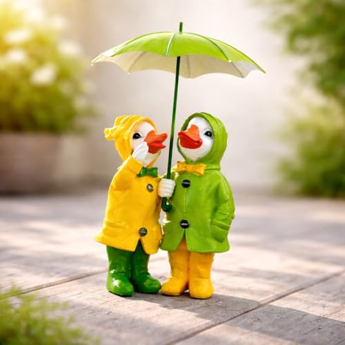 Garden Mile Standing Duck Ornaments For The Home With Detachable Umbrella Outdoor Garden Resin Ducks Couple Figurine Statues Outdoor Resin Patio Decor Weatherproof Duck Figures