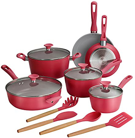 Tramontina Solara 14-Piece Ceramic Non-Stick Set with Lids, Heavy Duty Aluminium Pots and Pans, Kitchen Set with Non-Stick Coating, Dishwasher Safe and Oven Safe (Red)