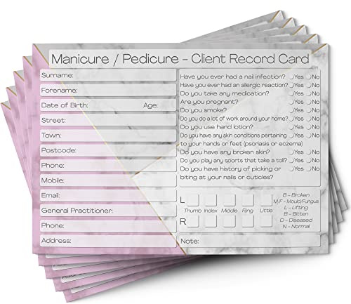 Nail Client Cards Manicure Pedicure - Salone e Terapista Consultazione Cliente Record - Servizi di Trattamento Essenziali - Profilo e Moduli di Registrazione - Regalo, Buoni Fedeltà Confezione da 50