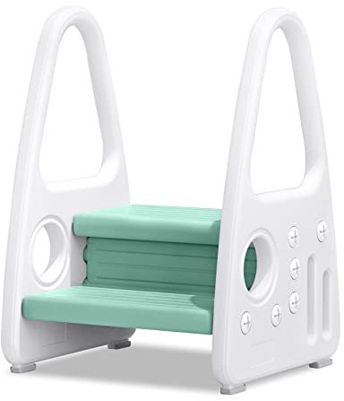 LZQ Kinder Tritthocker, Tritthocker Kinder 2 Stufen Lernturm, Pyramiden Trittschemel für 2-5 Jahre Kinderschemel mit Zwei-Armlehnen Anti-Rutsch Stehender aus Kunststoff für Bad Küche, Grün