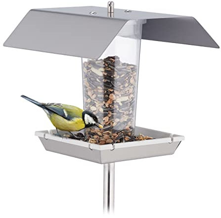 Relaxdays Vogelfutterhaus Edelstahl, Vogelfutterspender zum Aufhängen, mit Erdspieß, Futterstelle für Wildvögel, Silber, 16 x 17.5 x 17 cm