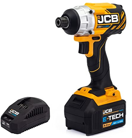 JCB 18V Brushless Cordless Impact Driver, 5.0ah Lithium-ion Battery, Fast Charger, Variable Speed & Built in Led Light, Rubber Grip and 3 Year Warranty