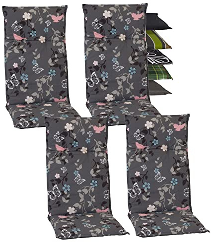 Beo Gartenstuhlauflagen Hochlehner 4er Set Barcelona | Made in EU nach Öko-Tex Standard | Hochlehner Auflagen waschbar | Atmungsaktive Stuhlauflagen Hochlehner mit Blumen & Vogel-Muster in Grau