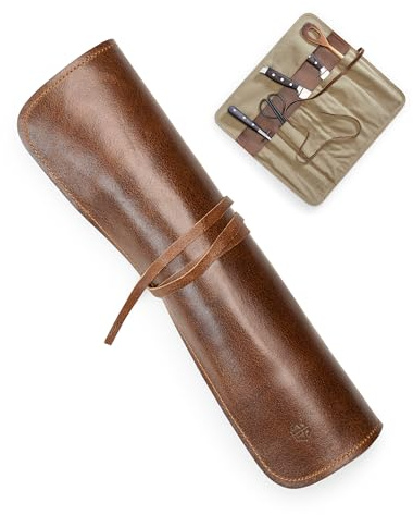 Angus Stoke Knife Bag made of genuine buffalo Leather & Canvas - Chef's Knife Roll Case for Cooking, Camping & BBQ - Knives storage bag Nate (brown)