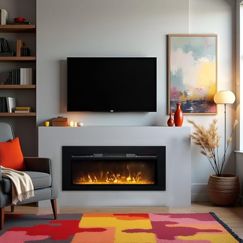 Chimeneas eléctricas de Pared ElectricSun Paula pequeña Vidrio Negro, con Sonido, L122xH45x16cm de Pared, de Suelo o empotrable