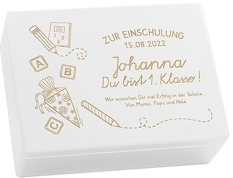 LAUBLUST Holzkiste mit Gravur - Personalisiert mit Datum | Name | WIDMUNG - Weiß, Größe L - Schultüte Motiv - Geschenkkiste zur Einschulung, FSC®