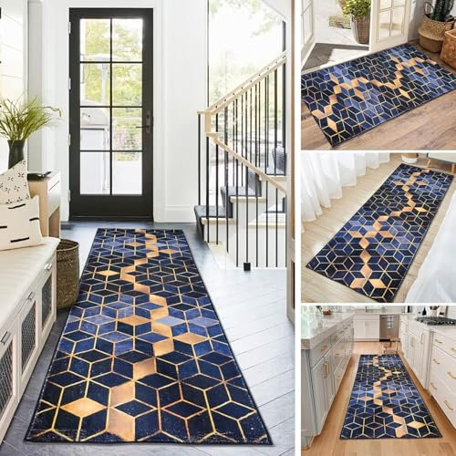 BAYUE Läufer Teppich Lang Flur rutschfest Waschbar 60X220CM,Modern Küchen Teppich Polyester Dauerhaft,Schlafzimmer Muster Carpet,für Wohnzimmer Büro Esszimmer,Anpassbar Teppichläufer Meterware