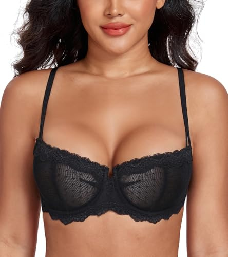 Lemorosy Damen Dirndl BH mit Bügel Push Up Spitze Balconette BH Halbschale Durchsichtig BH (Schwarz,80C)
