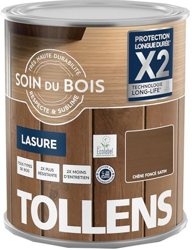 Tollens - Lasure - Ultra Résistante - Adhérence Renforcée - Protège et Décore - Protection Anti-UV - Technologie LONG-LIFE - Satin - Chêne Foncé - 5 L