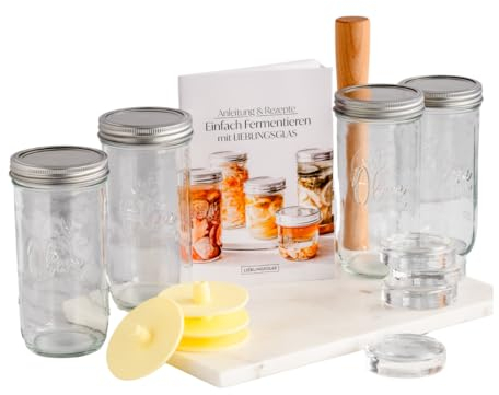 LIEBLINGSGLAS Fermentier Starter Set Zubehör inkl. Aufsätze, Glasgewichte (7cm wide mouth), Holzstampfer - OHNE 4x 0.75 Liter Glasbehälter/Deckel- Haltbarmachen von Gemüse, wie Sauerkraut und Kimchi
