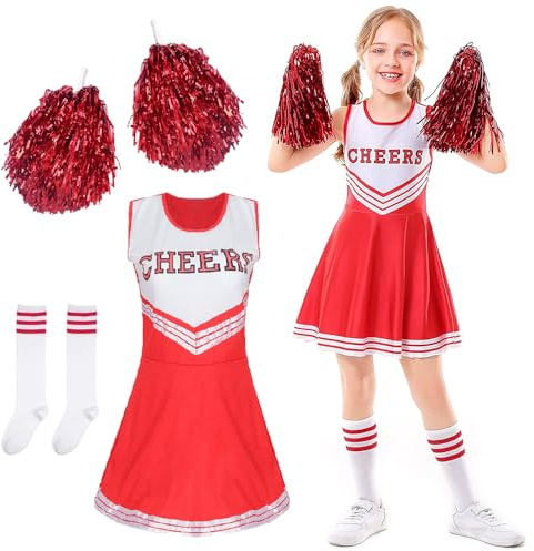 Cheerleader Kostüm Kinder, Cheerleadering Outfit Mädchen, Kostüm Pompom Girl, Mädchen Cheerleader Kostüm, Cheerleading Uniform mit 2 Pompoms und 2 Socken, für Karneval Maskerade Mottoparty(140)
