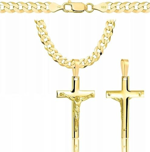 Amor Luxury herren goldkette mit kreuz 585, 925/585 - Goldkette Kreuzkette Herren 5 mm, 55 cm - Halskette Panzerung