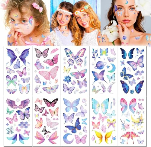 10 Glänzende temporäre Schmetterling Tattoos für Gesicht und Körper, Schmetterlings Fälschungstattoos Aufkleber, Wasserdichte Aufkleber,Perfekt für Musikfestivals, Bälle, Partys und Cosplay