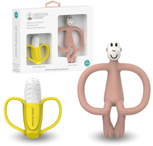 Matchstick Monkey Set d'anneaux de dentition antimicrobiens, aide à la dentition, applicateur en gel pour gencives douloureuses, sans BPA, facile à saisir, à partir de 3 mois (jaune/rose)
