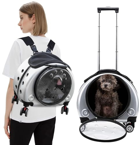 PETCUTE Haustier Rucksack,Faltbare Haustier-Tragerucksack Bis 7.5 Kg mit Herausnehmbarer Matte,Gute Belüftung Hundetrolley Hunderucksack mit Premium-rädern, Ideal für Reisen, Spaziergänge