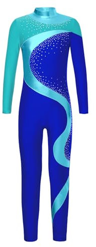Yruioon Kinder Turnanzug Mädchen Langarm Gymnastikanzug Glitzer Ballettanzug Farbblock Ganzkörper Trikot Eiskunstlauf Body Sport Overall Jumpsuit Blau&Grün&Blau 170-176