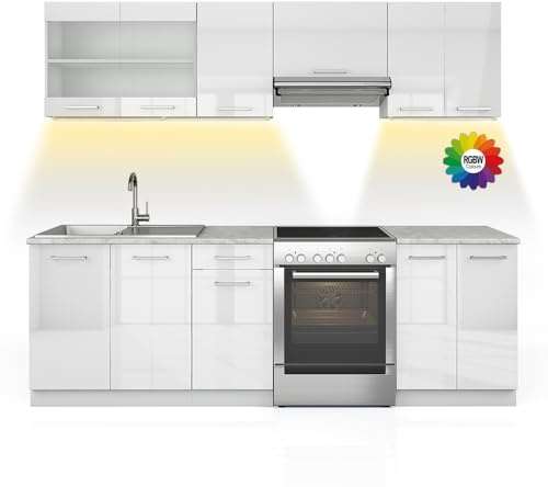 Vicco Küchenzeile Raul, Weiß Hochglanz/Weiß, 240 cm | AP Marmor mit LED-Leisten, mit modularen Elementen flexibel kombinierbar