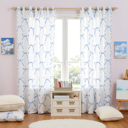 Cartoon Bowknot Kids Blackout Curtains,Bow Tie Knot Geometric Patchwork Fashion Window Drapes for Girls Women,Hand-painted Sketch Blue Noble Window Treatments Grommet Top 2 Panel Set,46Wx72L inch