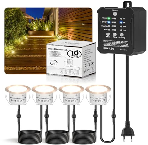 Lot de 10 Spot LED Encastrable Extérieur avec Transformateur Basse Tension, Minuterie et Capteur Photoélectrique, Ø 32mm IP67 Étanche Spots LED Encastrables pour Terrasse Bois Piscine Jardin Deck