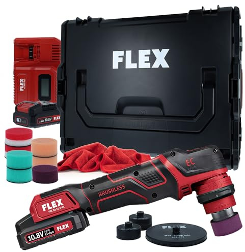 FLEX Mini polisseuse sans fil PXE 80 10,8-EC/2,5 | Kit polisseuse professionnelle pour voiture avec chargeur + 2 batteries + assiettes de 30 mm et 75 mm + accessoires | Travail excentrique et rotatif