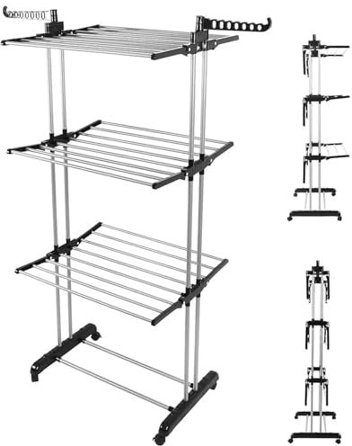 BURAKH 4 Tier Clothes Airer Rack Clothes Drying Rack Indoor & Outdoor Laundry Dryer Foldable Rail Hanger Hanging Stand Cloth & Shoe Shelf | Clothes Storage Rail | Hanging Rail | Shoe Rack (Black)