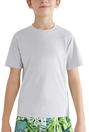 Valcatch Boy's Girls UPF 50+ Rash Guard Swim Shirts, Light Grey, 13-14Y