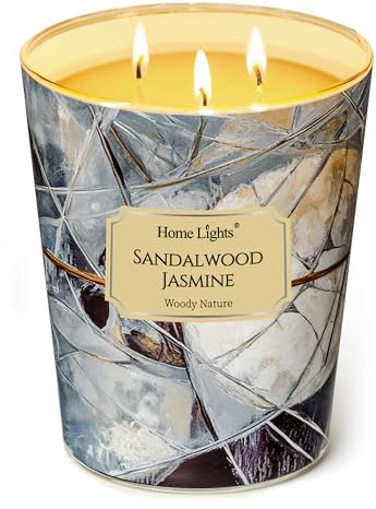 Home Lights Duftkerzen im glas groß 960g Soja Kerzen 3-Wick, Rauchfrei, 130h vollverbrannte Duftkerze Sandelholz Jasmin