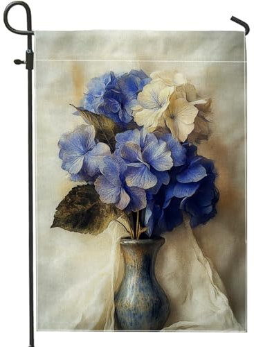 Drapeau de jardin d'hortensia bleu printanier, bannière florale élégante pour décoration d'intérieur, drapeau double face en toile de jute, décoration de pelouse extérieure, 30,5 x 45,7 cm