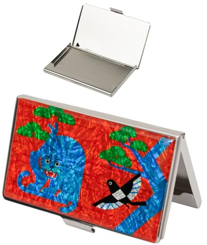 February Mountain Perlmutt-Visitenkartenetui – Korea Geschenk, schlankes Metall-Etui für Kreditkarten & Visitenkarten, RFID-Schutz (Blue Tiger)
