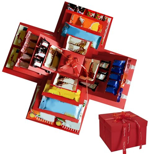 Explosionsbox, 5-lagige Überraschungsbox, DIY Handgemachte Überraschungsbox Geburtstag, für Frauen, Männer, Kinder, Weihnachten, Geburtstag, Jubiläum,Valentinstagsgeschenke,Hochzeitsgeschenk (Rot)