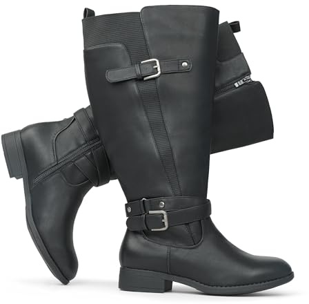 Chicblooms Damen Reitstiefel mit extra breitem Schaft, niedrigem Absatz, Knöchelriemen, schlankes Design, Schwarz Synthetik EU 42