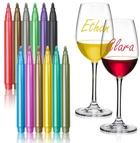 Teokantz Weinglas Marker Stifte, 12-er Pack Glasstifte für Partys & Feiern, Glas Stifte mit Abwaschbarer Tinte, Ideal für Gläserbeschriftung, Fenster, Porzellan, Kunststoff, Geburtstagsevents