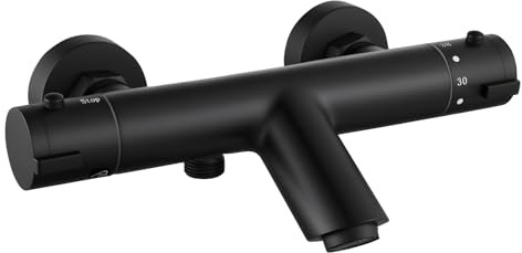 Badewannenarmatur Thermostat Schwarz, Aufputz Duscharmatur Thermostat | Rund Thermostat Für Die Badewanne, Mischbatterie Für 2 Verbraucher, Messing, Chrom, 38℃ Sicherheitssperre