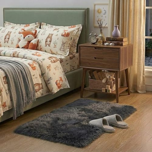 Gofodsil Teppiche für Schlafzimmer, 60x110 cm, Grauer Teppich, Wohnzimmer, rutschfest, modern, superweich, Dicker Flor, klein, flauschig, zotteliger Teppich, fusselfrei, Grau