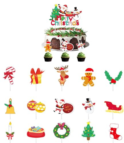 32 Pcs Christmas Cupcake Toppers Set Merry Christmas Cake Decorations with Santa Holiday Wafer Paper Dessert Picks for Theme Party, Baking, and Festive Treats