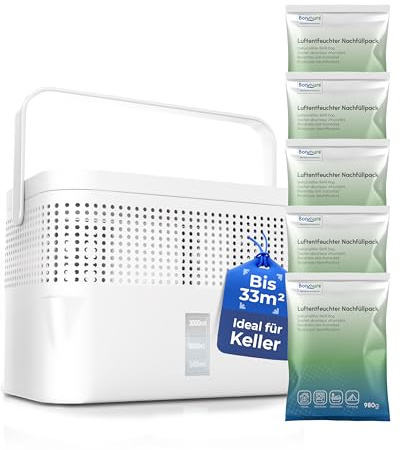 BonAura® AirOne Max Luftentfeuchter ohne Strom bis 33m² I 360° Belüftung I Raumentfeuchter mit Ausgießer & 5 x 980g Luftentfeuchter Granulat I Schimmel- und Geruchsschutz I Raum Entfeuchter Keller