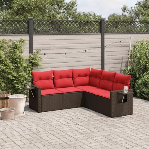 Bucmath 5-teiliges Gartensofa-Set, braunes Polyrattan Lounge Möbel mit klappbaren Tischen, UV-beständig, modulare Outdoor-Sitzgruppe für Terrasse und Garten, inklusive roter Kissen