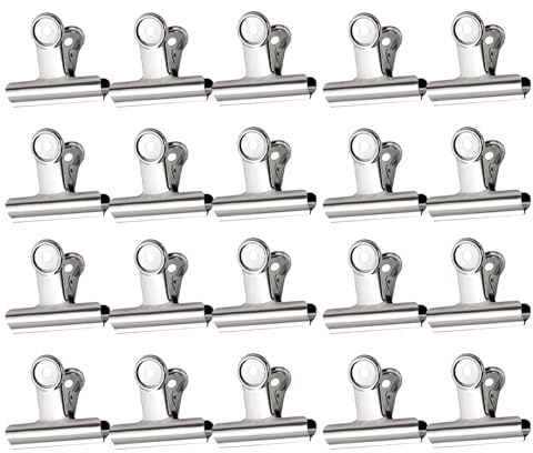 Nzexlyva Lot de 20 pinces en métal en forme de bouledogue pour papier, 22 mm, pinces argentées pour sacs alimentaires, presse-papiers, affiches, photos, travaux manuels, étiquettes de prix