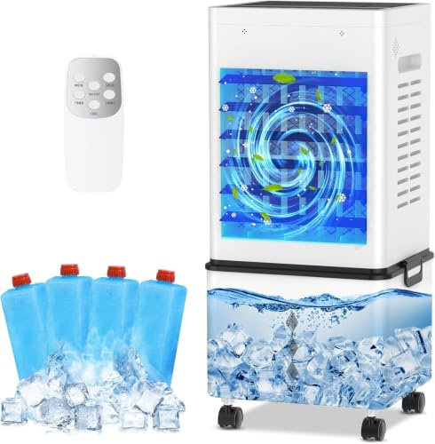 Portable Air Conditioner, 12L Evaporative Air Cooler with Remote, 6 Speeds & 2 Modes, 24H Timer, 45W Energy Saving, Mobile Air Conditioning Unit with Wheels for Home Office Bedroom Kitchen