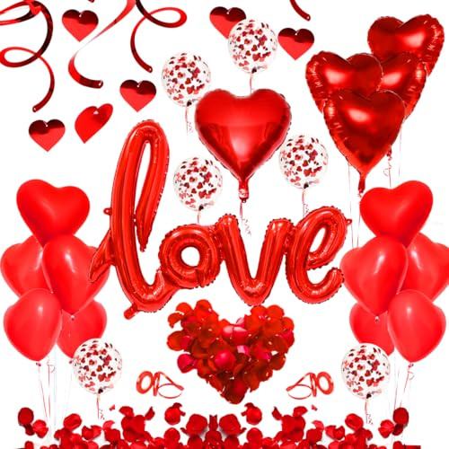 Valentinstag Deko Set, Romantische Deko 48pcs, XXL Love Ballon, Herzluftballons, Rote Herz Folienballon, Rosenblätter, Konfetti Ballon ​für Valentinstag Heiratsantrag Verlobung Dekoration