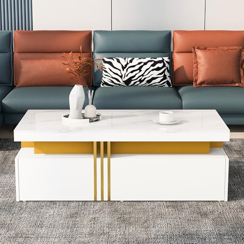 Mesa de Centro con Efecto Mármol, Salón, Blanco, 100 x 50 x 40 cm
