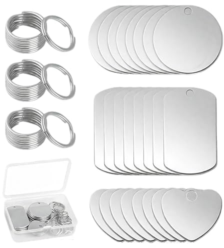 Saituo Home 24 Piezas Etiqueta de Acero Inoxidable en Blanco, Chapa Perro Grabada Redondo/Rectangular/Corazón, Chapa Acero Inoxidable con Llavero para Placa Identificativa Collar y Llavero
