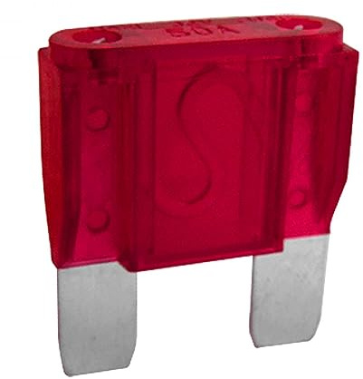 sourcing map Ma xi Sicherung Rot 5 Stück Für Auto Batterie DC 50A Glas | Kunststoff Beschichtet, Extern Glas, Maße 35x29x9mm, Pinabstand 13mm, Pin 13x8mm, Gewicht 30g, Für Sicherungshalter, 105°C