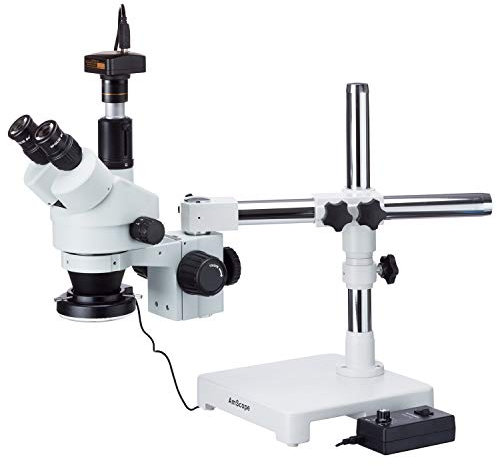 AmScope SM-3TX-144-M Boom Ständer Trinokulares Zoom Stereomikroskop mit 144 LED Licht und 1.3MP Kamera, 3.5X-45X, Weiß