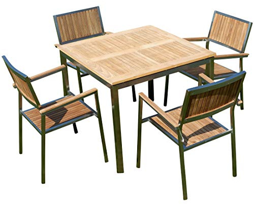 ASS ALEOS. Gartengarnitur Edelstahl Teak Set Tisch 90x90 cm + 4 Teak Sessel A-Grade Teak Holz Serie Kuba Gastroqualität