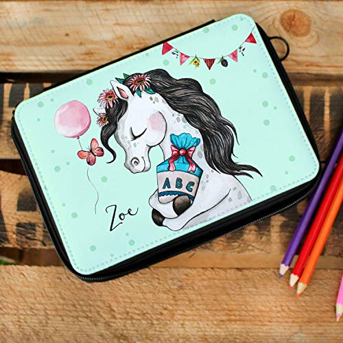 ilka parey wandtattoo-welt Gefüllte Federtasche Schulstart Federmappe individuelles Federmäppchen Pferd Pferdchen mit Schultüte und Namen Wunschnamen fm154