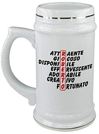 bubbleshirt Boccale da birra Compleanno - Roberto e aggettivi simpatici - evento - in ceramica - capienza 50 cl - idea regalo