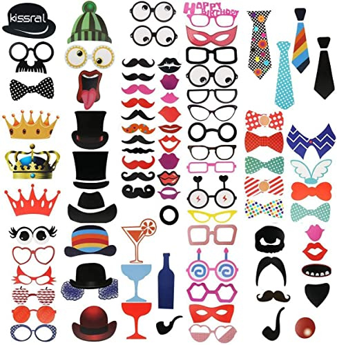 Kissral Funny Selfie Props, 89 Pieces with Sticks - Costume Dress Up Accessories for Southwestern, Carnival, Wedding, Birthday Parties