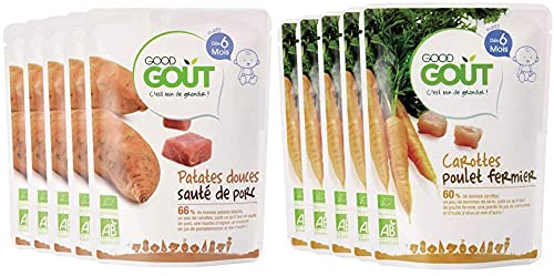 Good Goût - BIO - Patates Douces Sauté de Porc dès 6 mois 190 g - Lot de 5 & BIO - Carottes Poulet dès 6 mois 190 g - Lot de 5